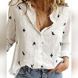 Amazon M White Button-Down Shirt with Black Bird Print Linen 1798-Q